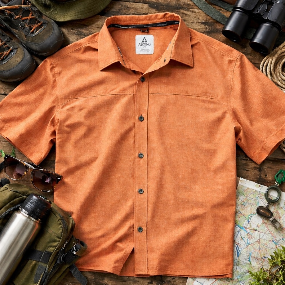Ascend Outdoor Button Up‎ Shirt Orange Performance Fishing Hiking Large Gorpcore